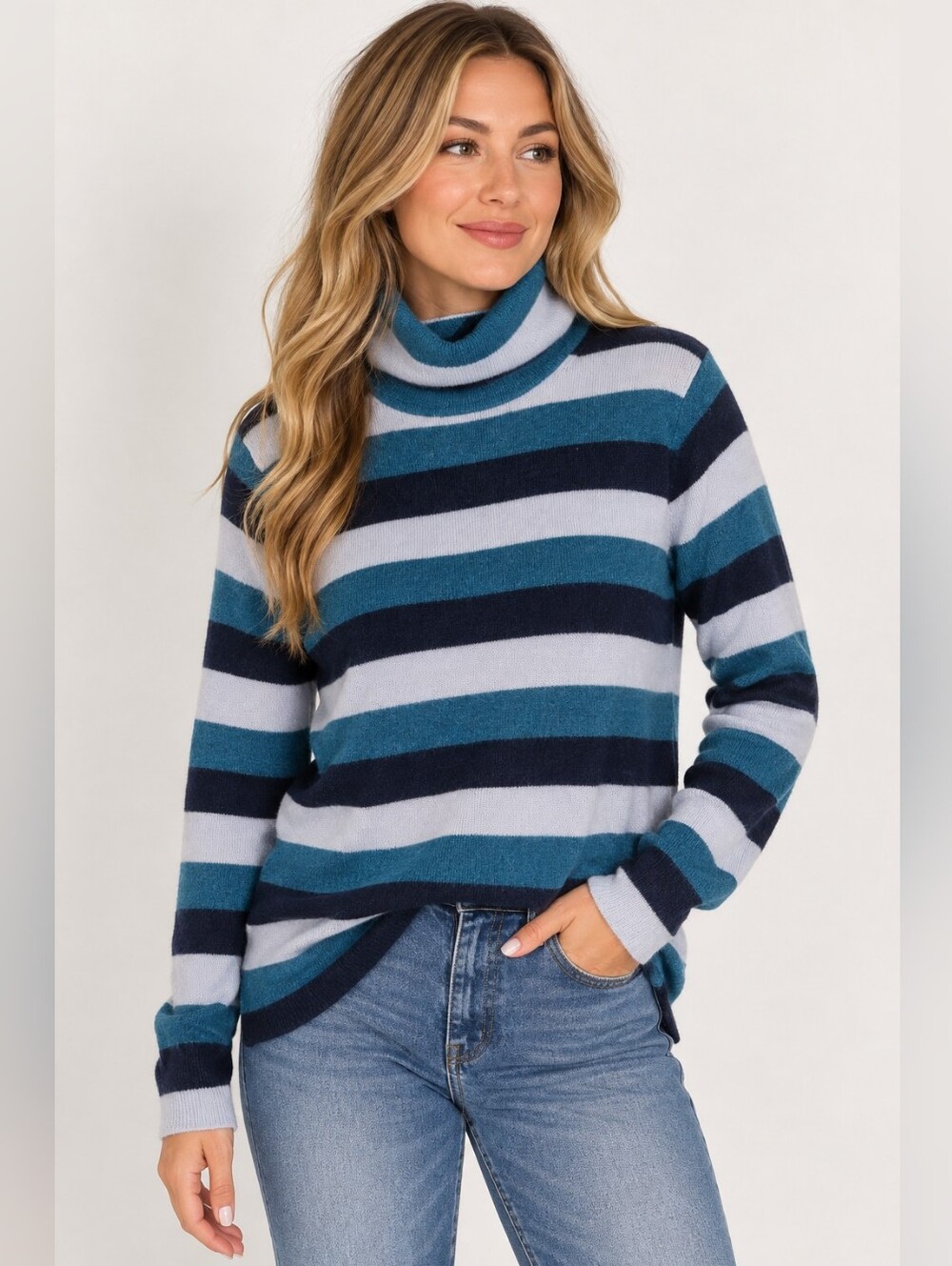 Charter Club Luxury 100% Cashmere Striped Turtleneck Sweater Blue Teal L